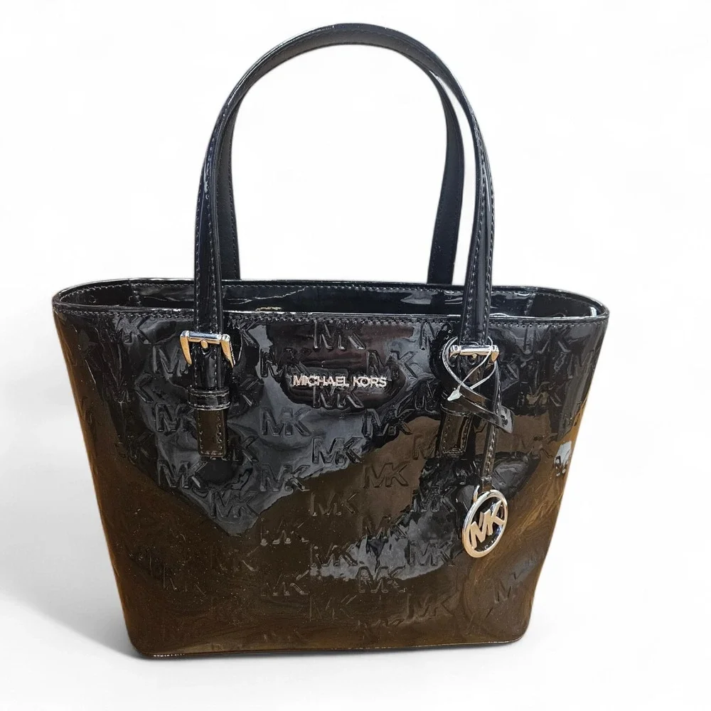 Michael Kors Jet Set Small Metallic Logo Debossed Convertible‎ Tote Bag Black